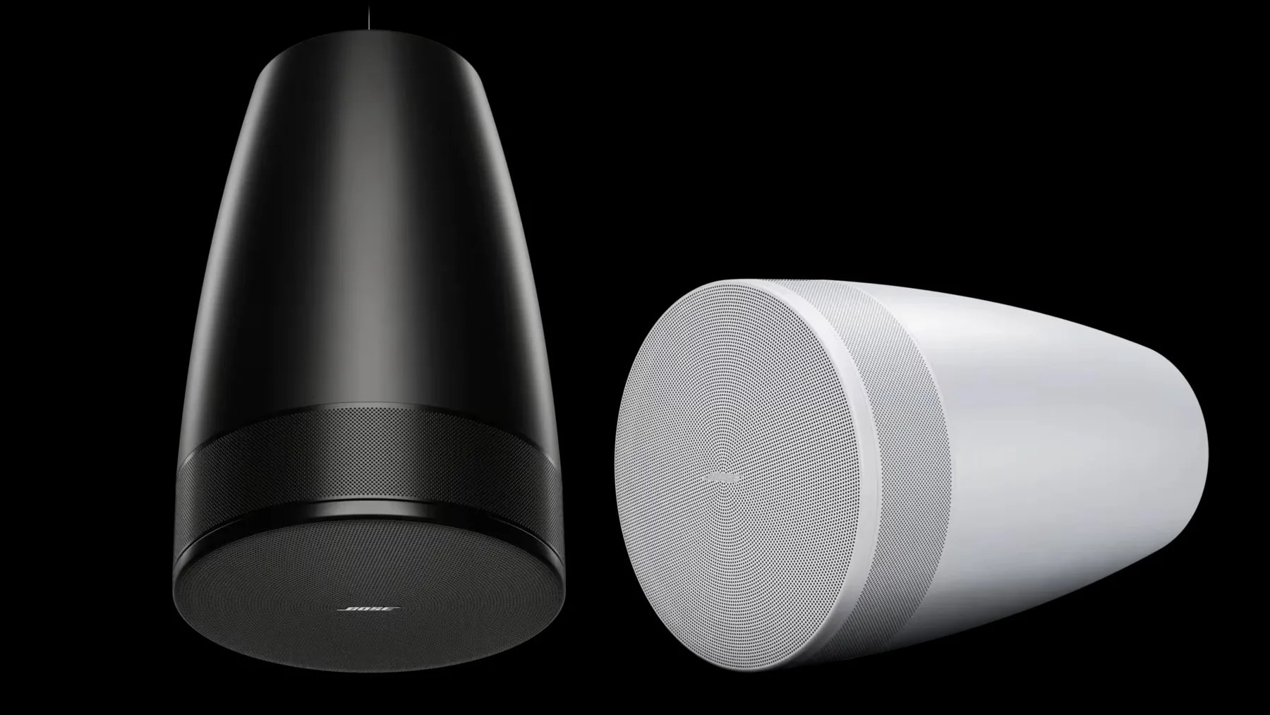 Black and white DesignMax Luna pendant loudspeakers